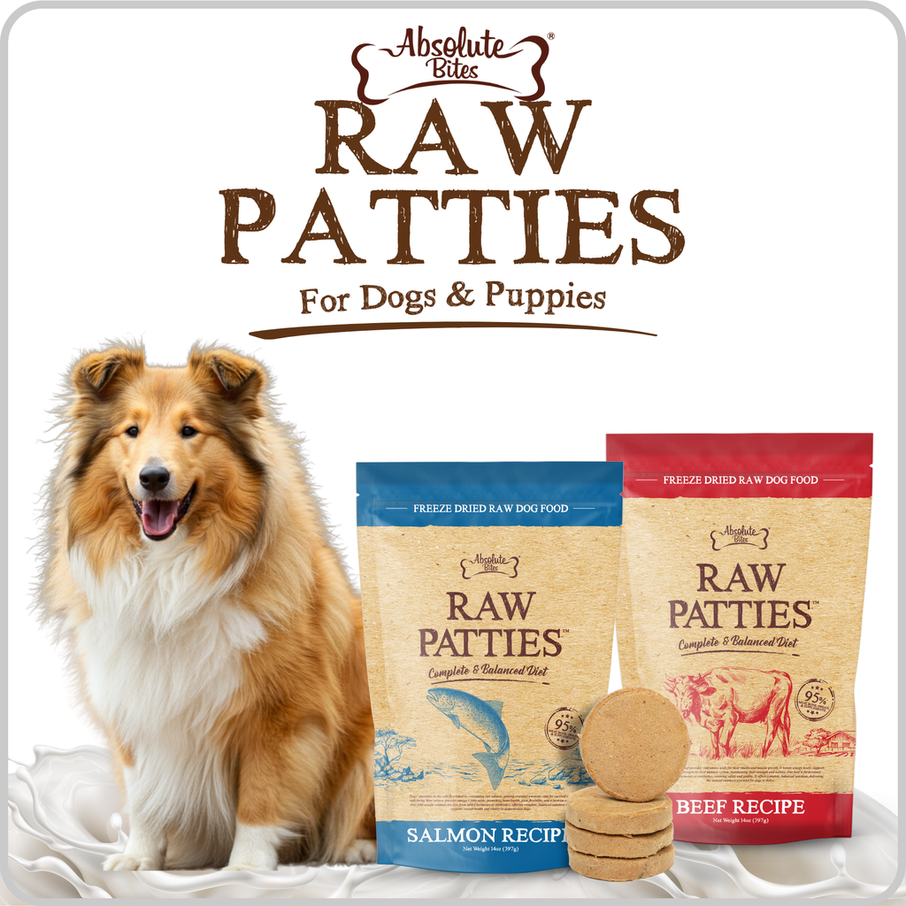 Absolute Bites Raw Patties Freeze Dried Raw Food for Dogs & Puppies.