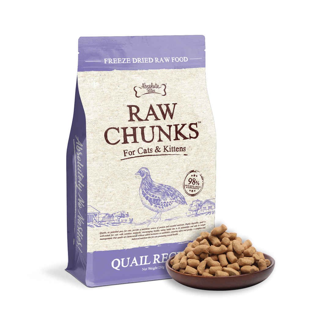Absolute Bites Raw Chunks Freeze Dried Raw Food for Cats & Kittens - Quail Recipe ( 150g).