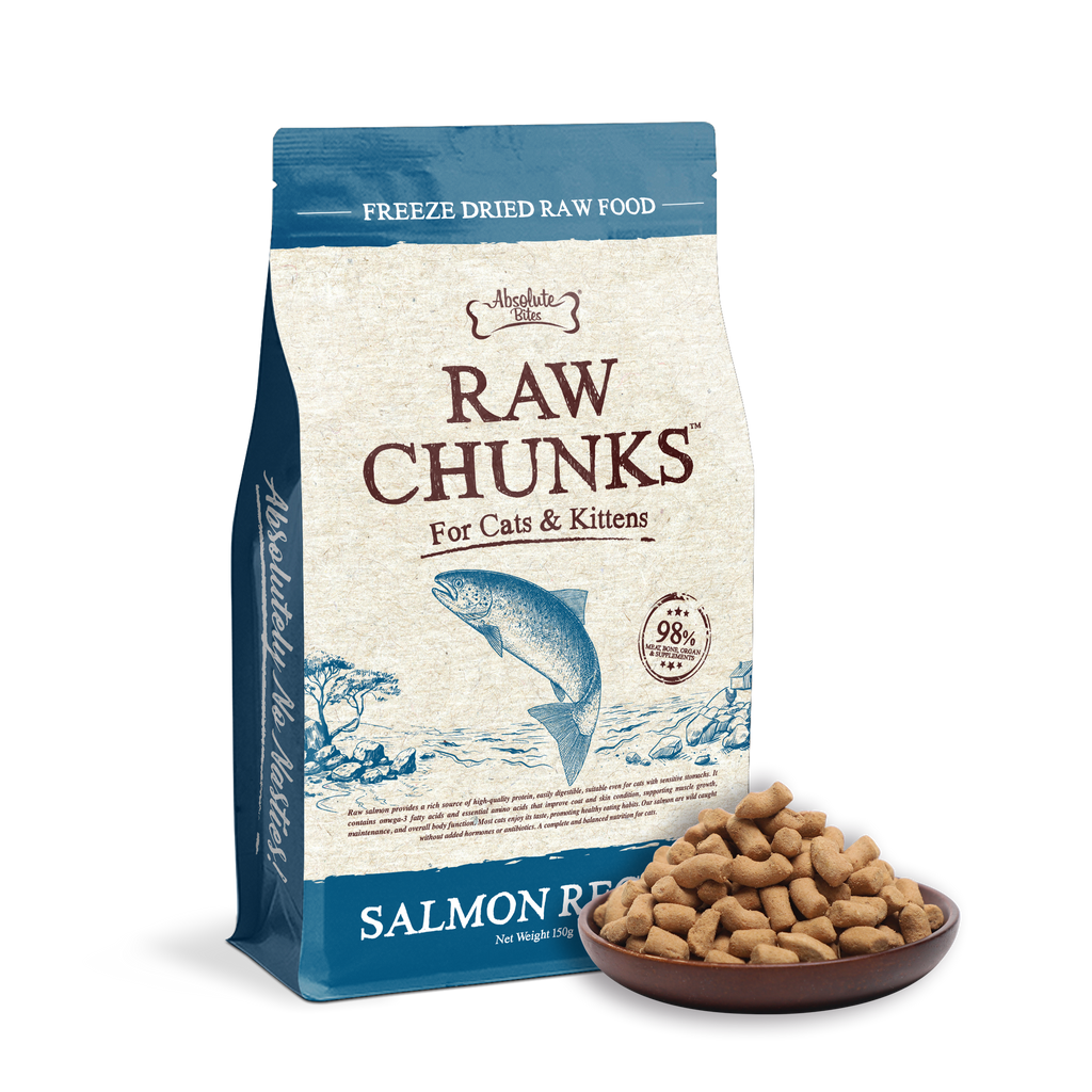 Absolute Bites Raw Chunks Freeze Dried Raw Food for Cats & Kittens - Salmon Recipe (150g).