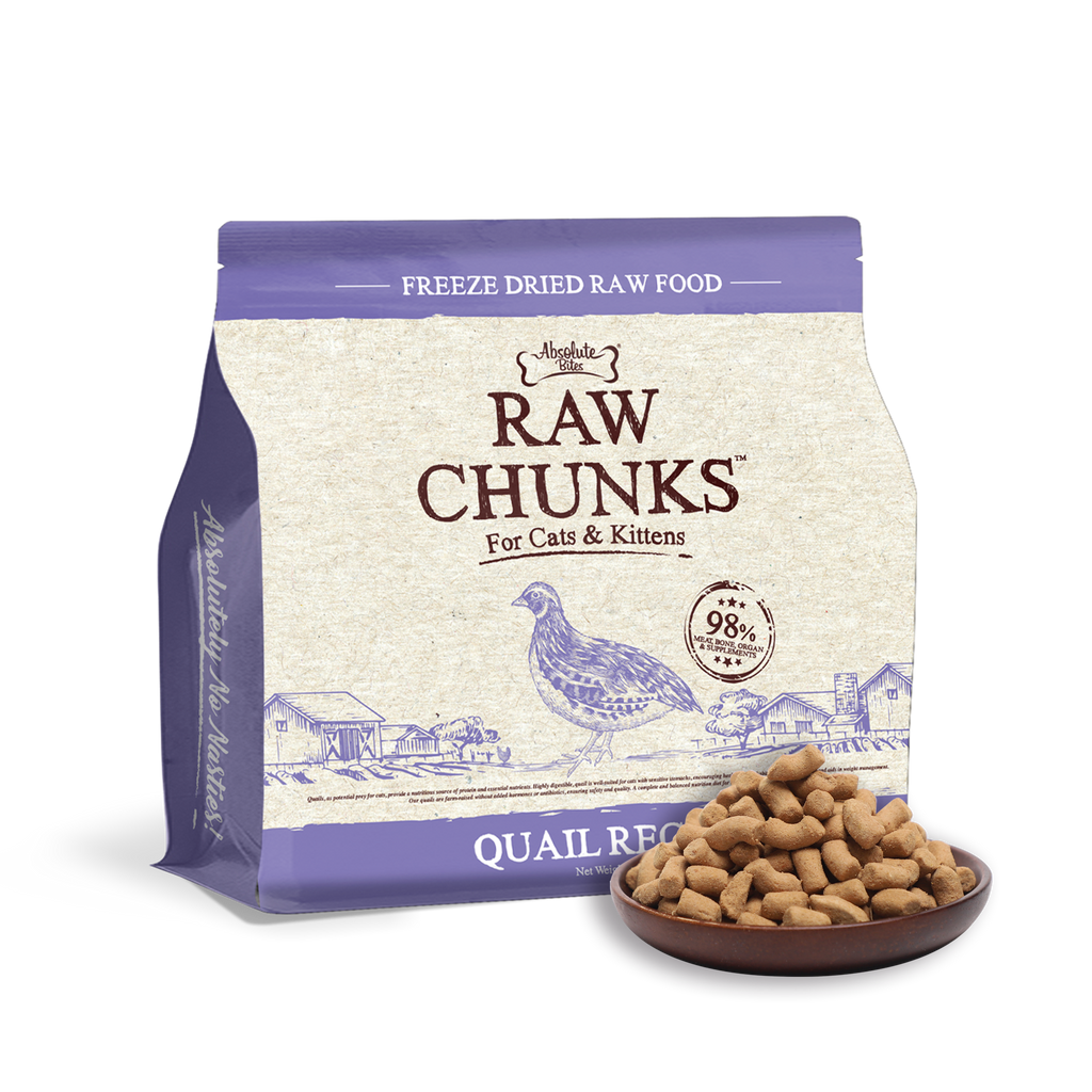 Absolute Bites Raw Chunks Freeze Dried Raw Food for Cats & Kittens - Quail Recipe (280g).