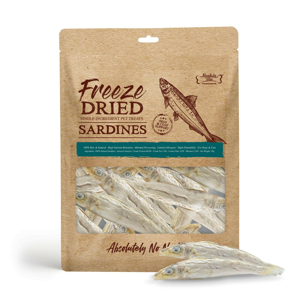 Absolute Bites Single Ingredient Freeze Dried Raw Treats for Dogs & Cats - Sardine (50g).