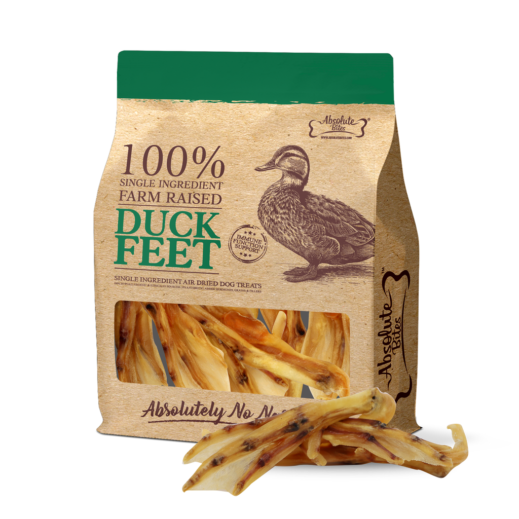 Absolute Bites Single Ingredient Air Dried Treats for Dogs - Farm Raised Duck Feet (16pcs).