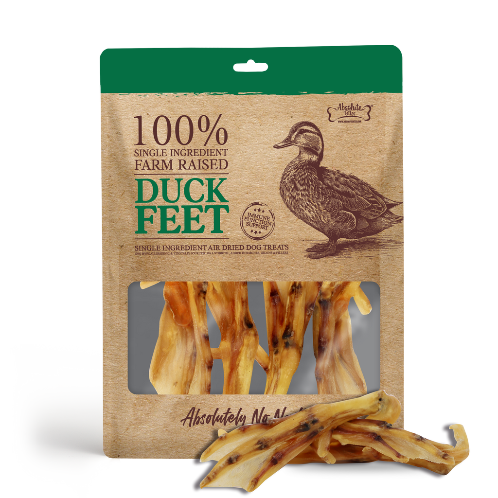 Absolute Bites Single Ingredient Air Dried Treats for Dogs - Farm Raised Duck Feet (4pcs).
