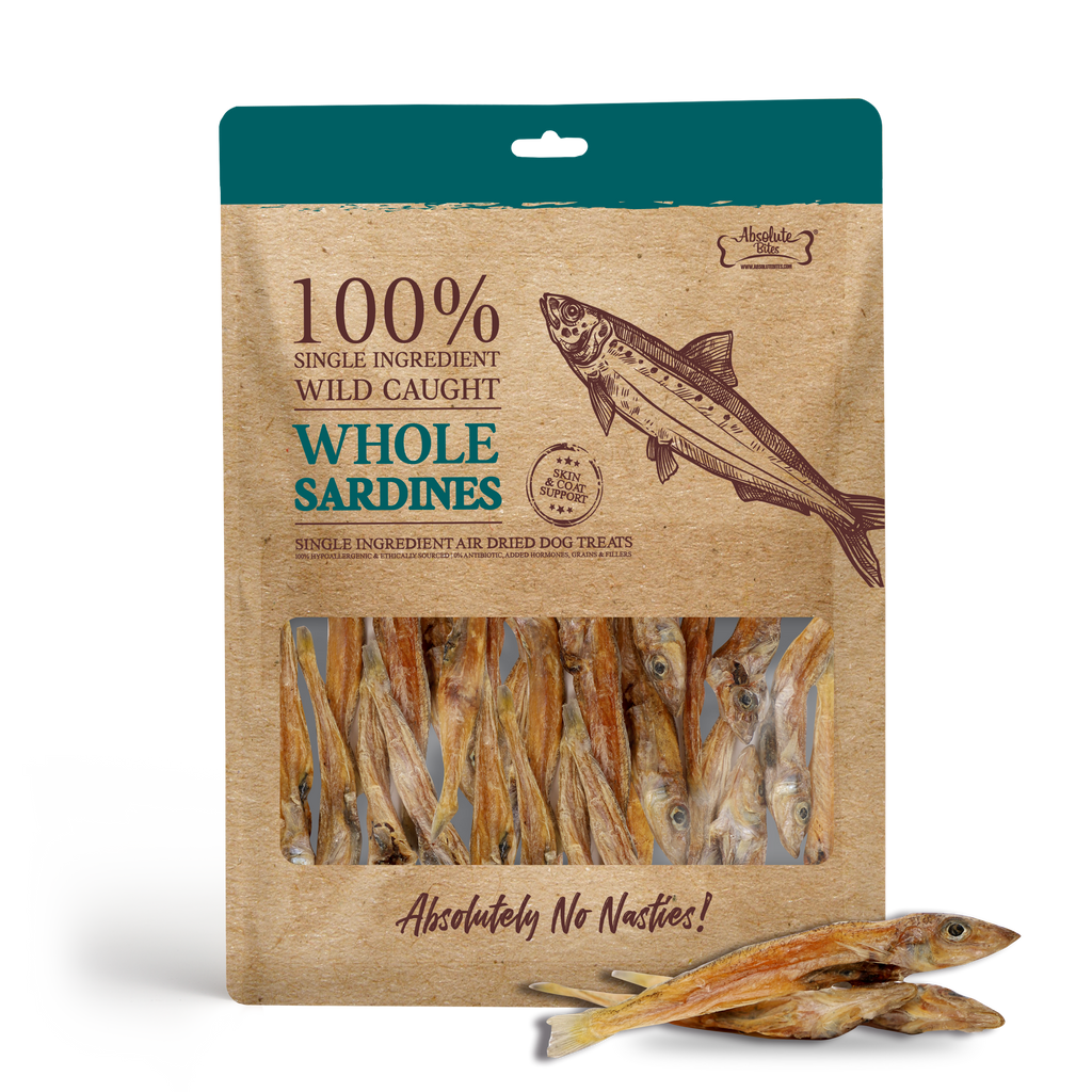 Absolute Bites Single Ingredient Air Dried Treats for Dogs - Wild Caught Whole Sardines (60g).