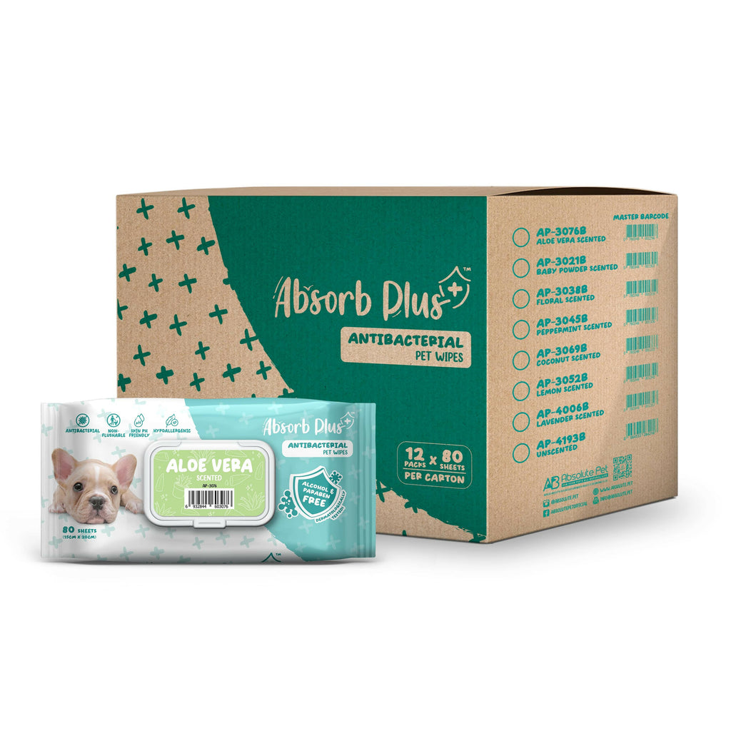 [CTN] AbsorbPlus Antibacterial Pet Wipes - Aloe Vera (80pcs x 12) | Alcohol & Paraben Free.