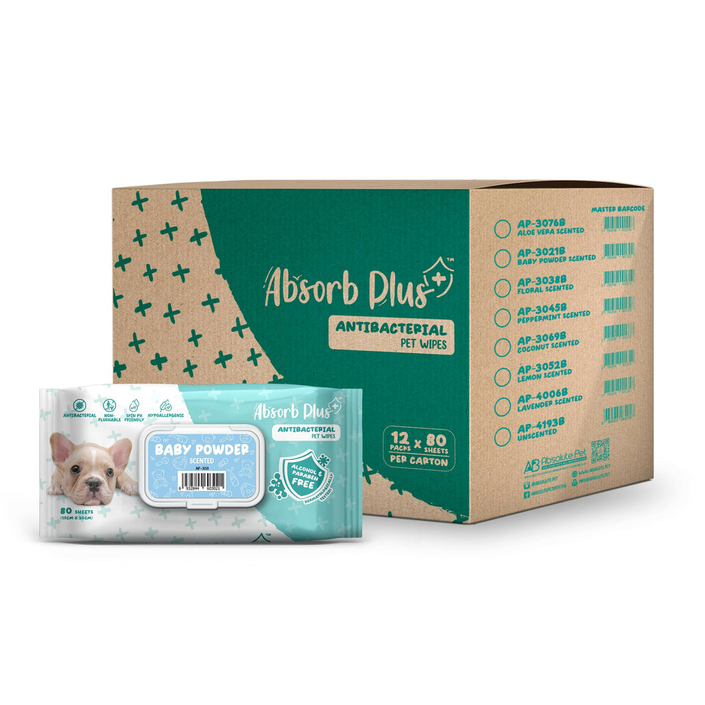 [CTN] Absorb Plus Antibacterial Pet Wipes - Baby Powder (80pcs x 12) | Alcohol & Paraben Free.