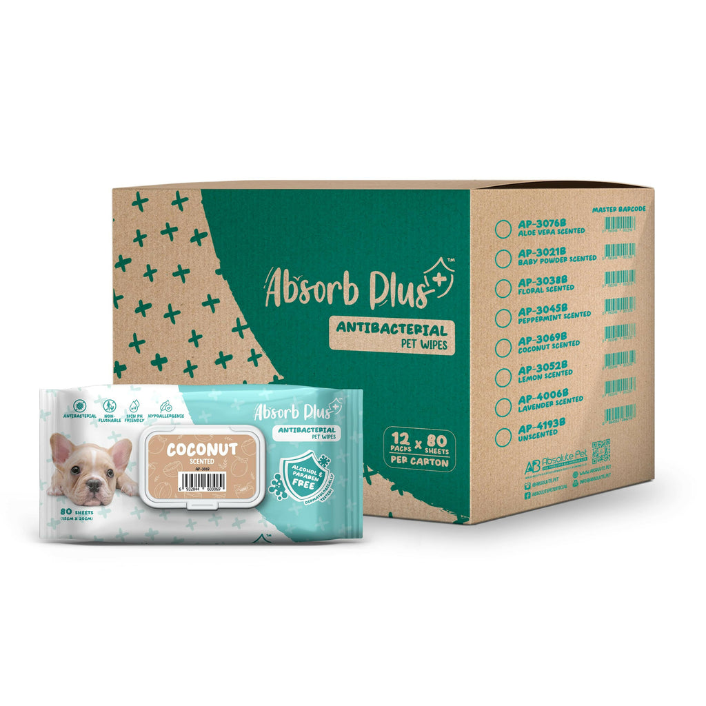 [CTN] Absorb Plus Antibacterial Pet Wipes - Coconut (80pcs x 12) | Alcohol & Paraben Free.