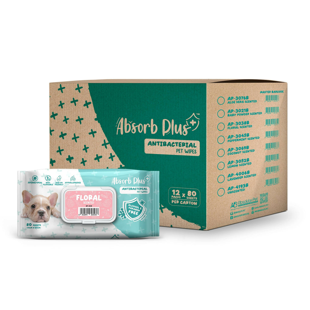 [CTN] Absorb Plus Antibacterial Pet Wipes - Floral (80pcs x 12) | Alcohol & Paraben Free.