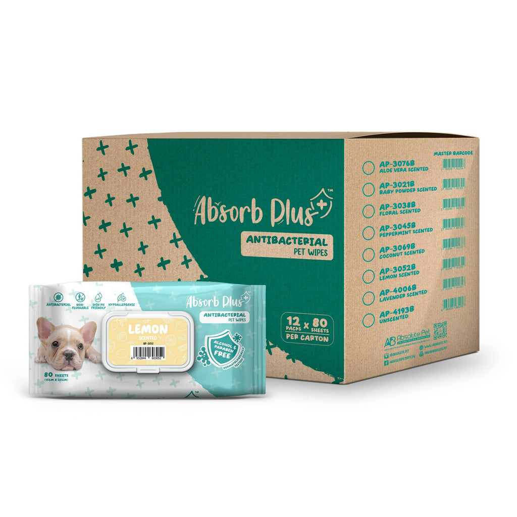 [CTN] Absorb Plus Antibacterial Pet Wipes - Lemon (80pcs x 12) | Alcohol & Paraben Free.