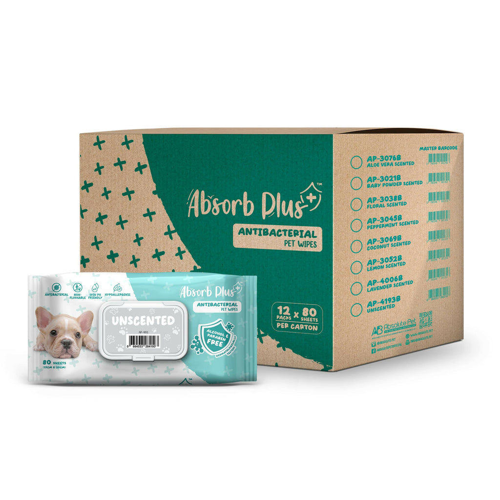[CTN] Absorb Plus Antibacterial Pet Wipes - Unscented (80pcs x 12) | Alcohol & Paraben Free.