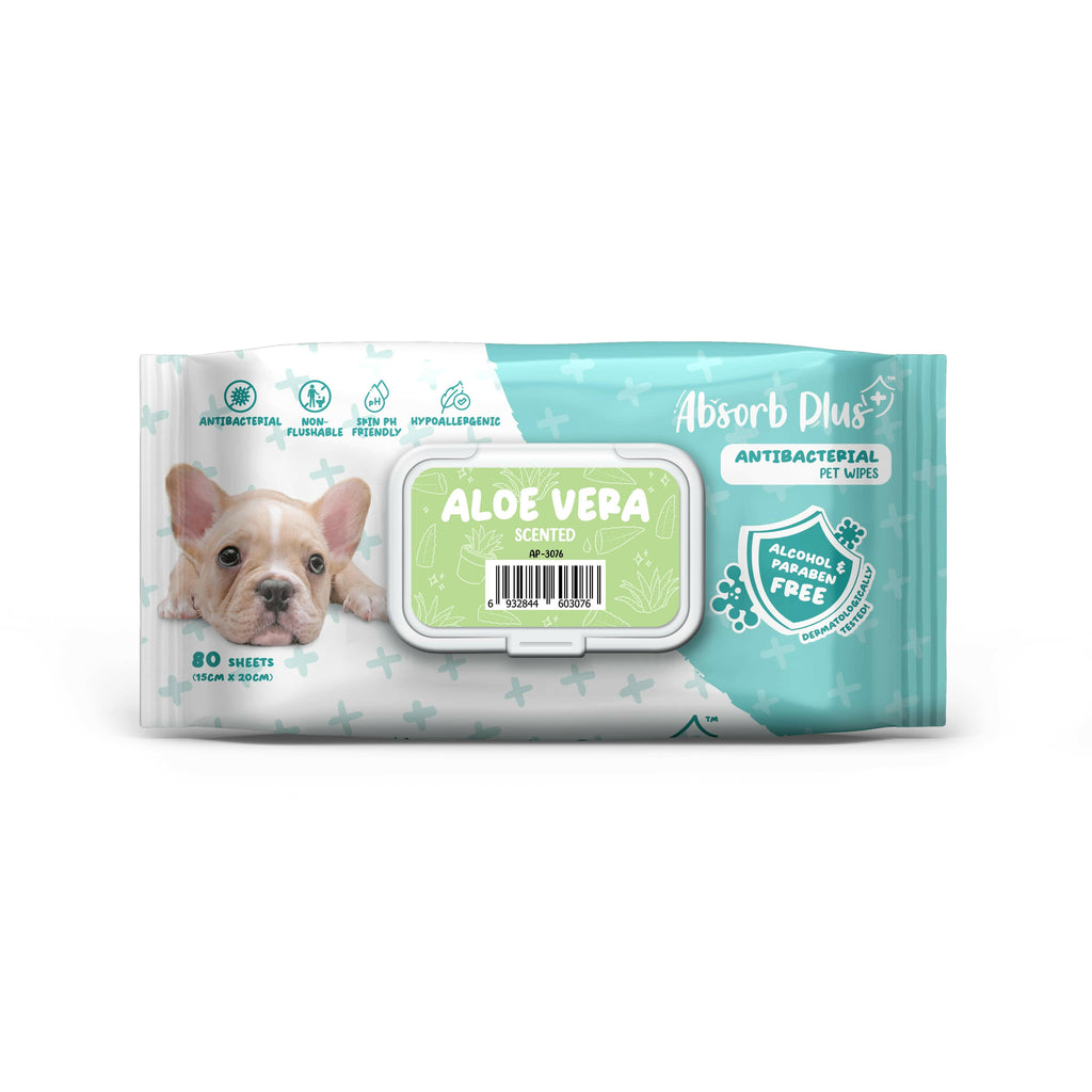 Absorb Plus Antibacterial Pet Wipes - Aloe Vera (80pcs) | Alcohol & Paraben Free.
