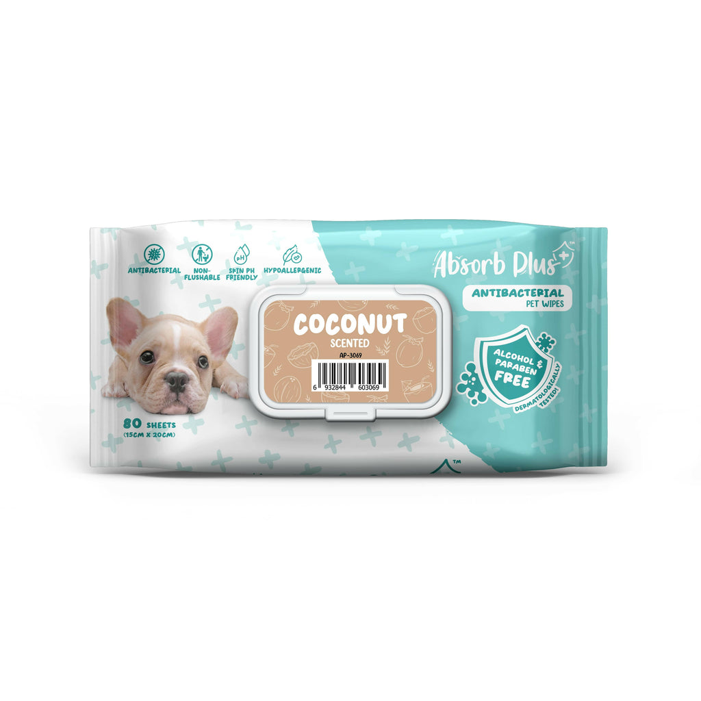[CTN] Absorb Plus Antibacterial Pet Wipes - Coconut (80pcs x 12) | Alcohol & Paraben Free.