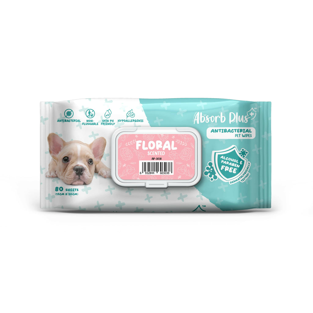 Absorb Plus Antibacterial Pet Wipes - Floral (80pcs) | Alcohol & Paraben Free.
