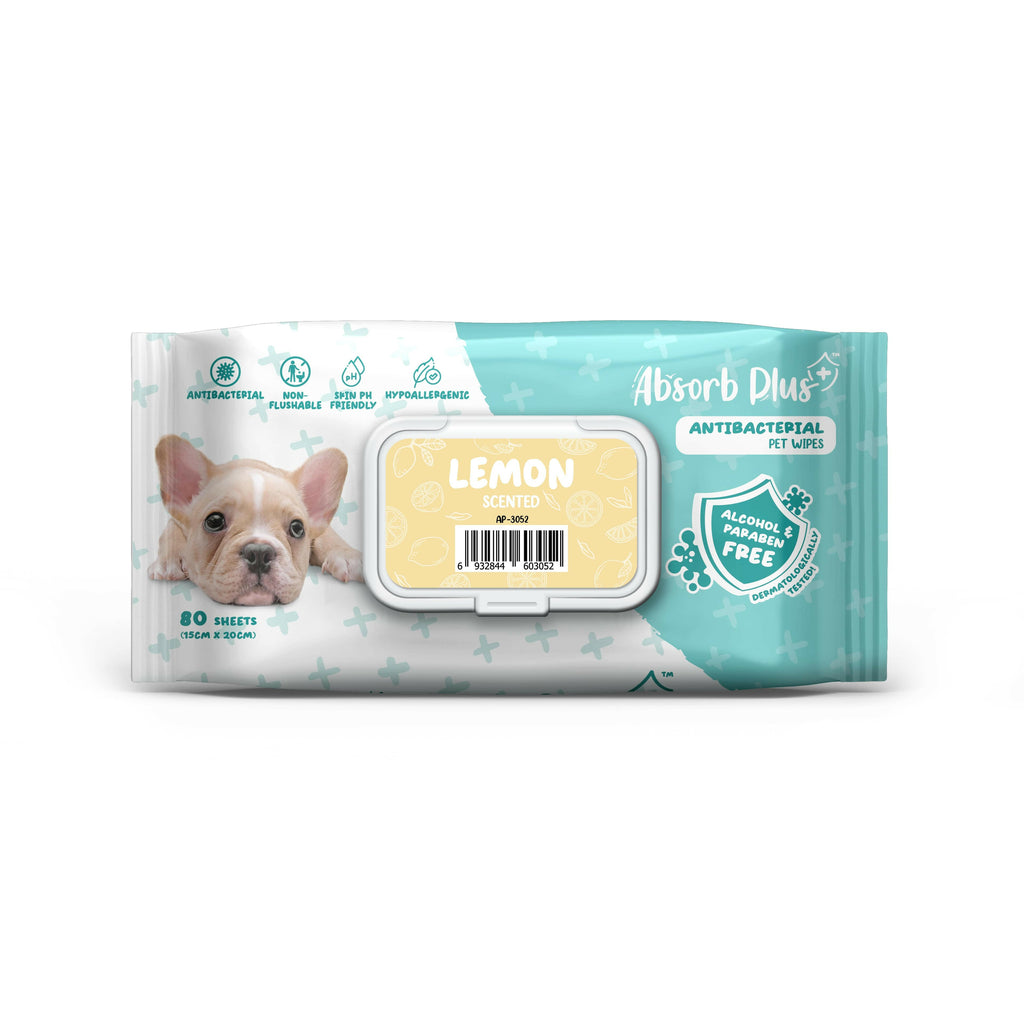 Absorb Plus Antibacterial Pet Wipes - Lemon (80pcs) | Alcohol & Paraben Free.