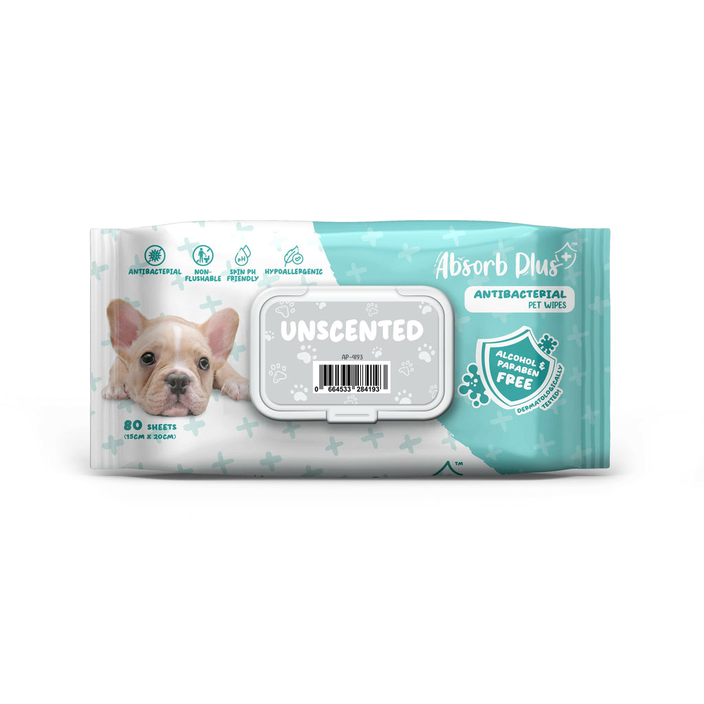 Absorb Plus Antibacterial Pet Wipes - Unscented (80pcs) | Alcohol & Paraben Free.
