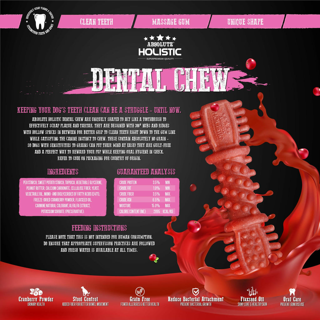 [CTN OF 50] Absolute Holistic Dental Chew for Dogs - Cranberry (4").