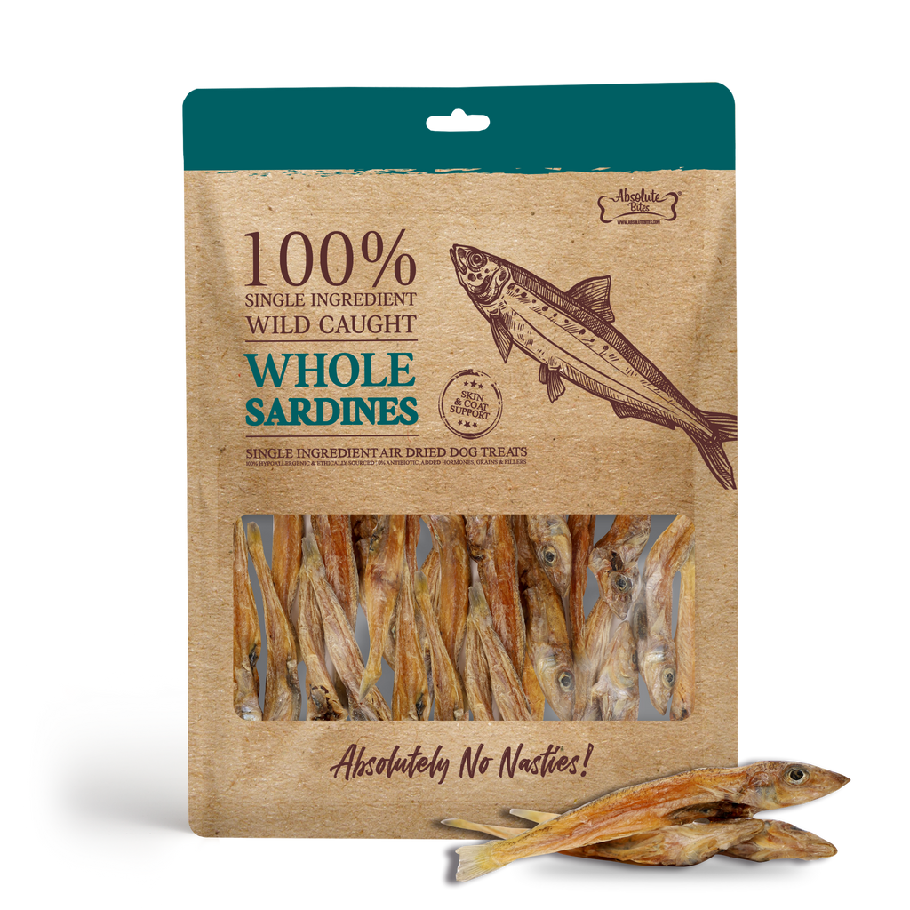 Absolute Bites Single Ingredient Air Dried Treats for Dogs - Wild Caught Whole Sardines (60g).