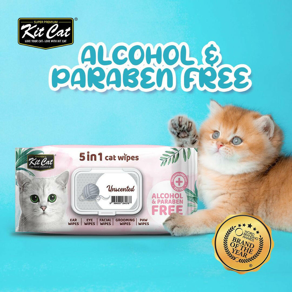 [CTN OF 12] Kit Cat 5 in 1 Cat Wipes - Unscented (12x80pcs) | Paraben & Alcohol Free.