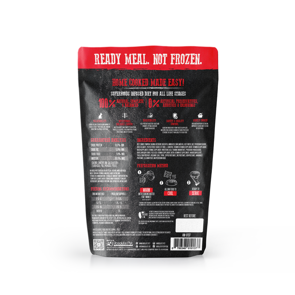 (Trial Pack) Absolute Holistic Home Cooked Style Recipe Gently Cooked Dog Food (125g x 3) - Beef, Peas & Salmon.