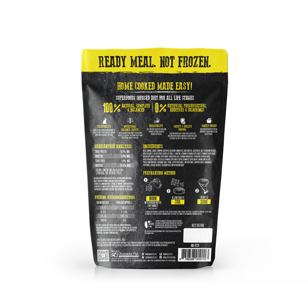 (Trial Pack) Absolute Holistic Home Cooked Style Recipe Gently Cooked Dog Food - Duck, Peas & Pumpkin.