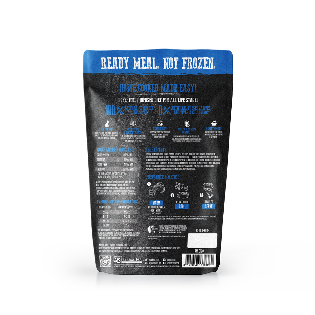 (Trial Pack) Absolute Holistic Home Cooked Style Recipe Gently Cooked Dog Food (125g x 3) - Fish, Peas & Duck.