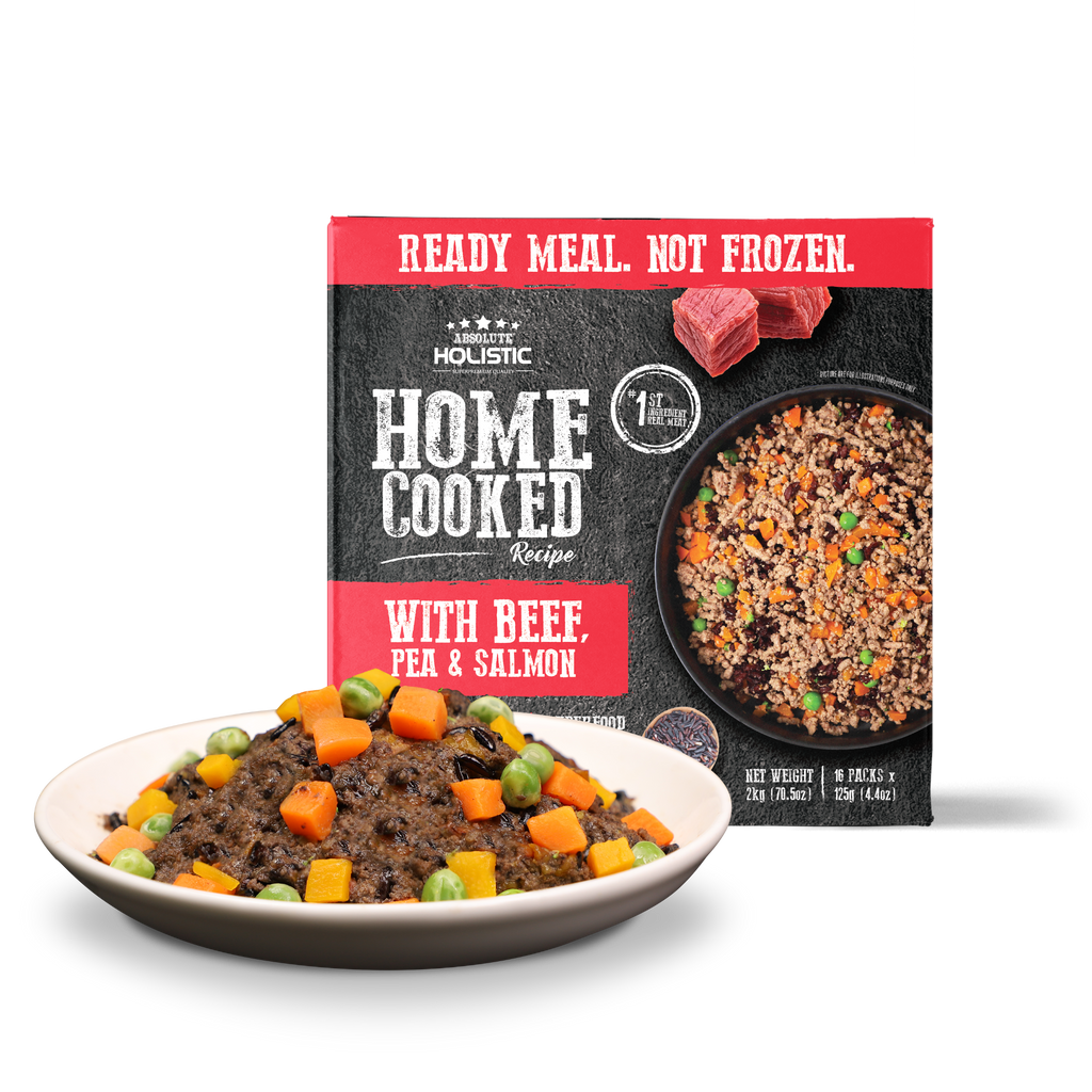 Absolute Holistic Home Cooked Style Recipe Gently Cooked Dog Food (2kg) - Beef, Peas & Salmon.