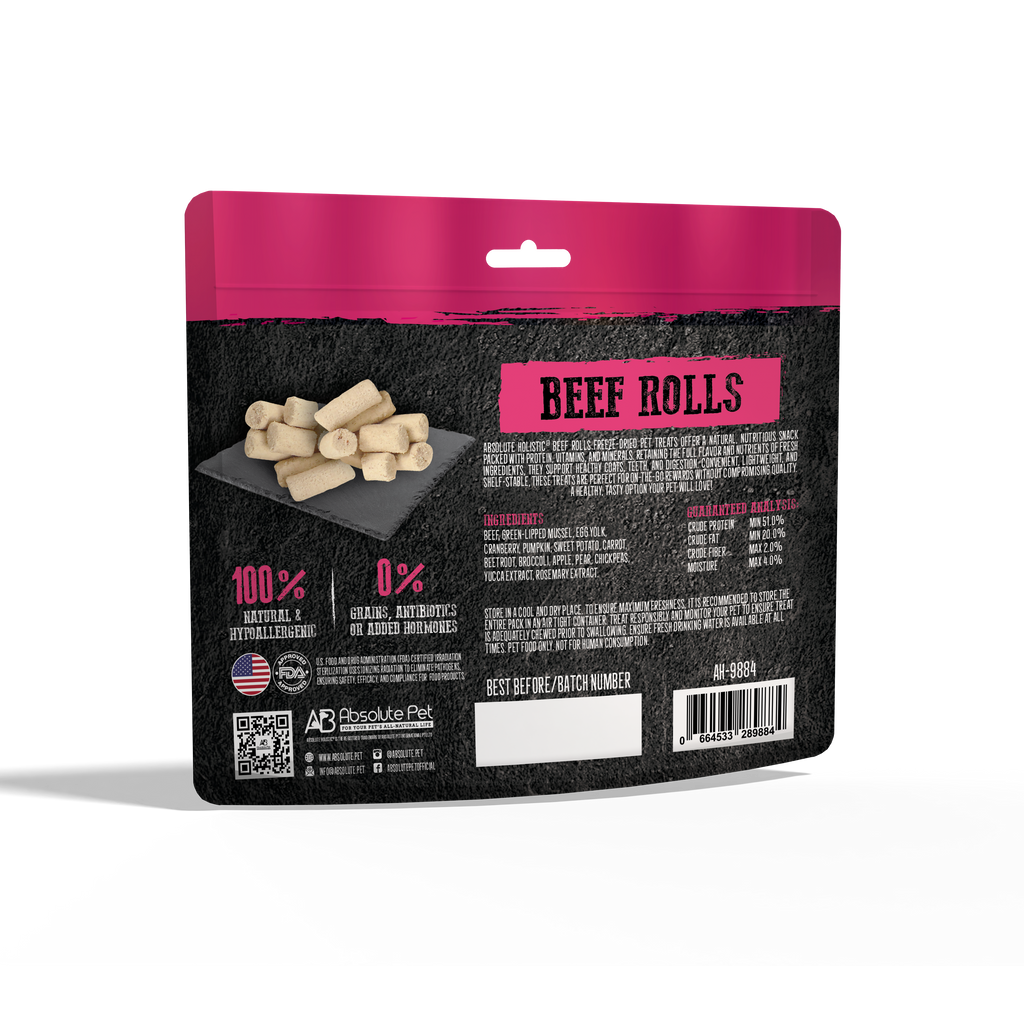 Absolute Holistic Freeze Dried Raw Treats for Cats & Dogs - Beef Rolls (60g).