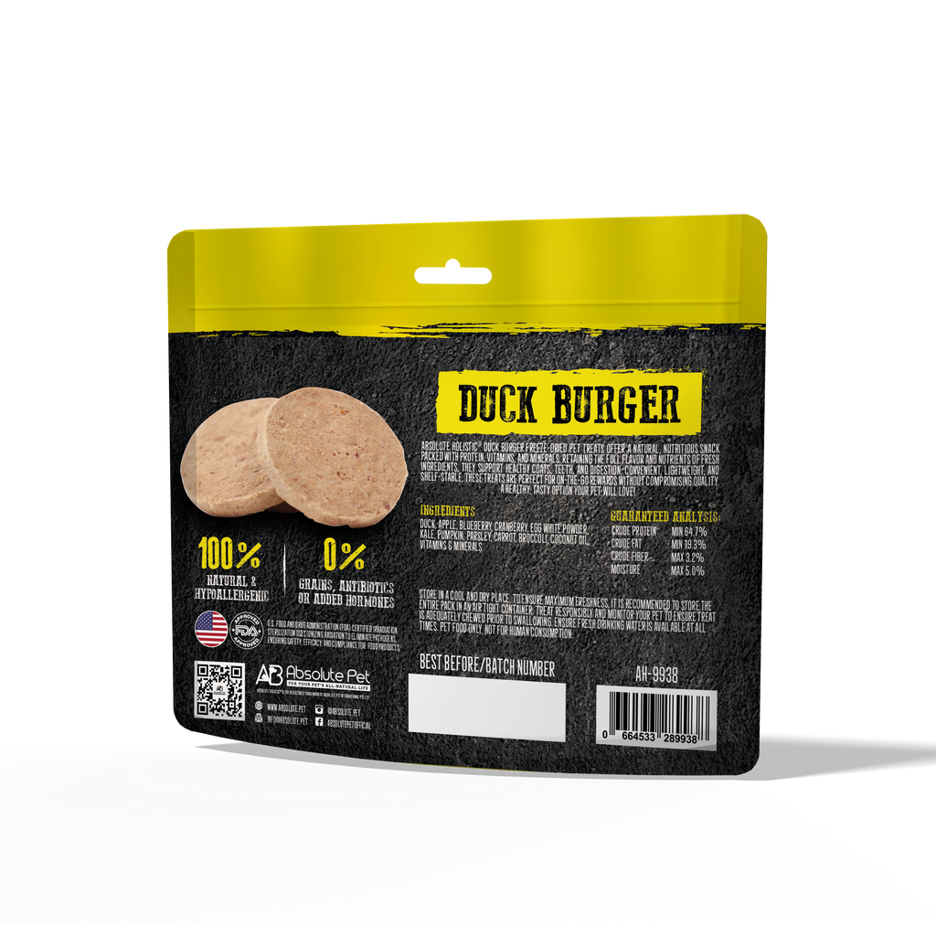Absolute Holistic Freeze Dried Raw Treats for Cats & Dogs - Duck Burger (80g).