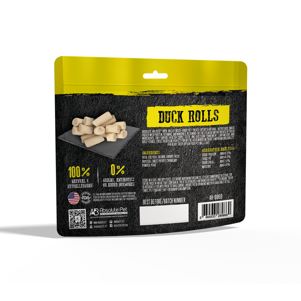 Absolute Holistic Freeze Dried Raw Treats for Cats & Dogs - Duck Rolls (60g).
