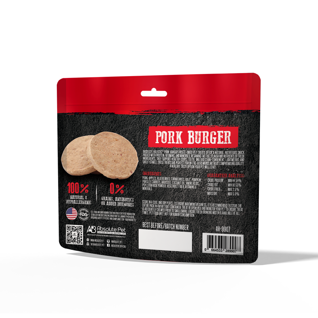 Absolute Holistic Freeze Dried Raw Treats for Cats & Dogs - Pork Burger (80g).