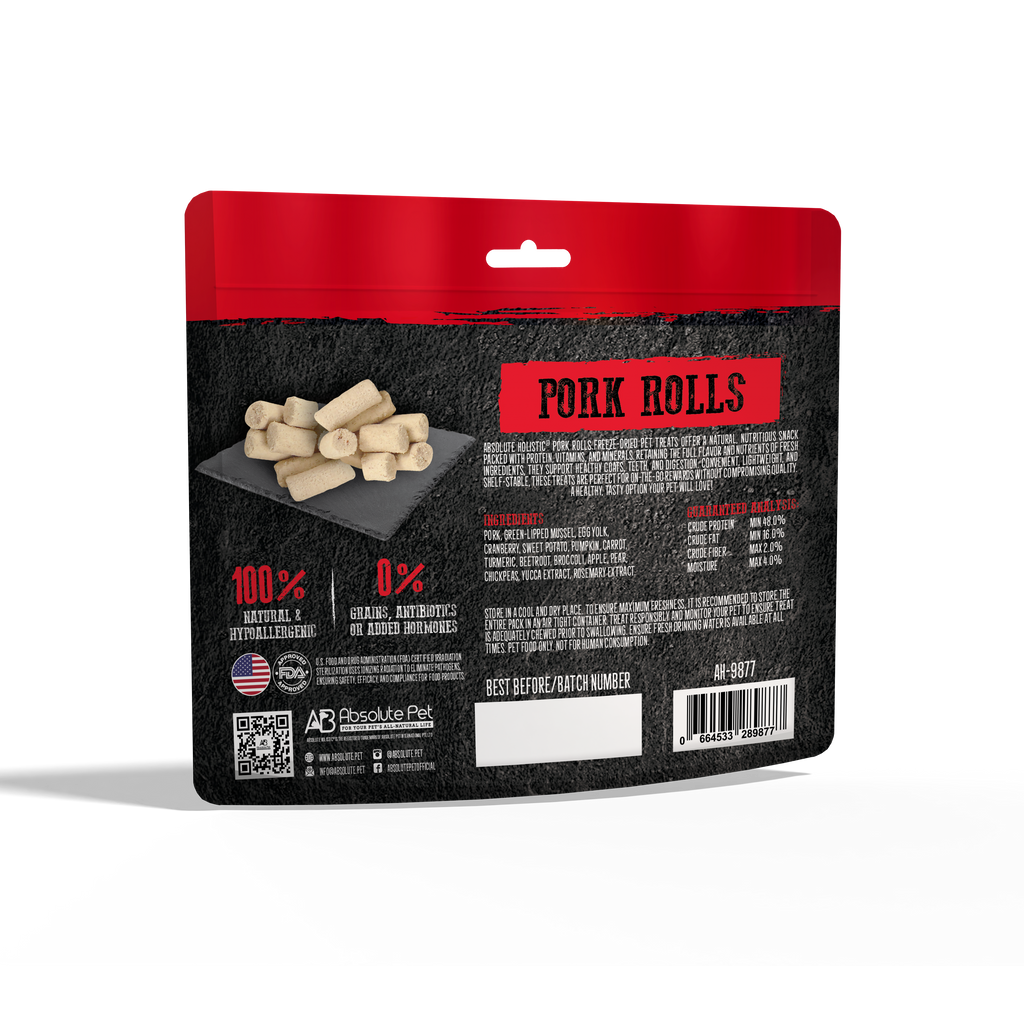 Absolute Holistic Freeze Dried Raw Treats for Cats & Dogs - Pork Rolls (60g).