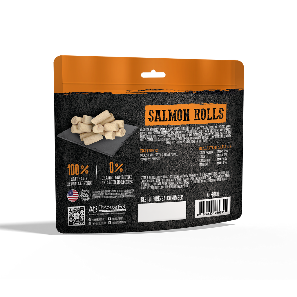 Absolute Holistic Freeze Dried Raw Treats for Cats & Dogs - Salmon Rolls (60g).