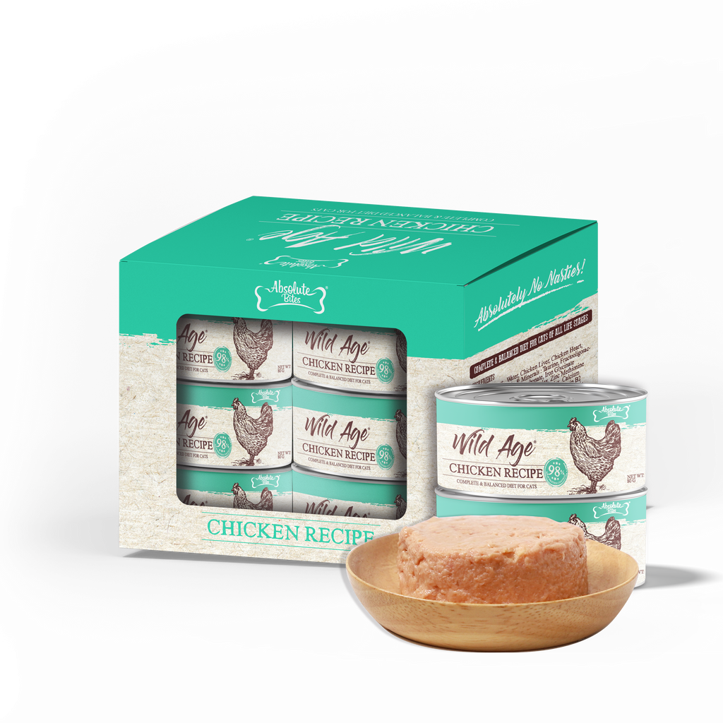 Absolute Bites Wild Age Complete & Balanced Diet Canned Food for Cats - Chicken Recipe (80g) | Box of 6.