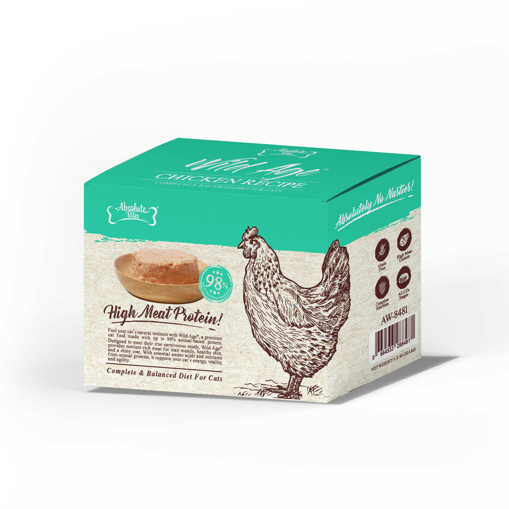 Absolute Bites Wild Age Complete & Balanced Diet Canned Food for Cats - Chicken Recipe (80g) | Box of 6.
