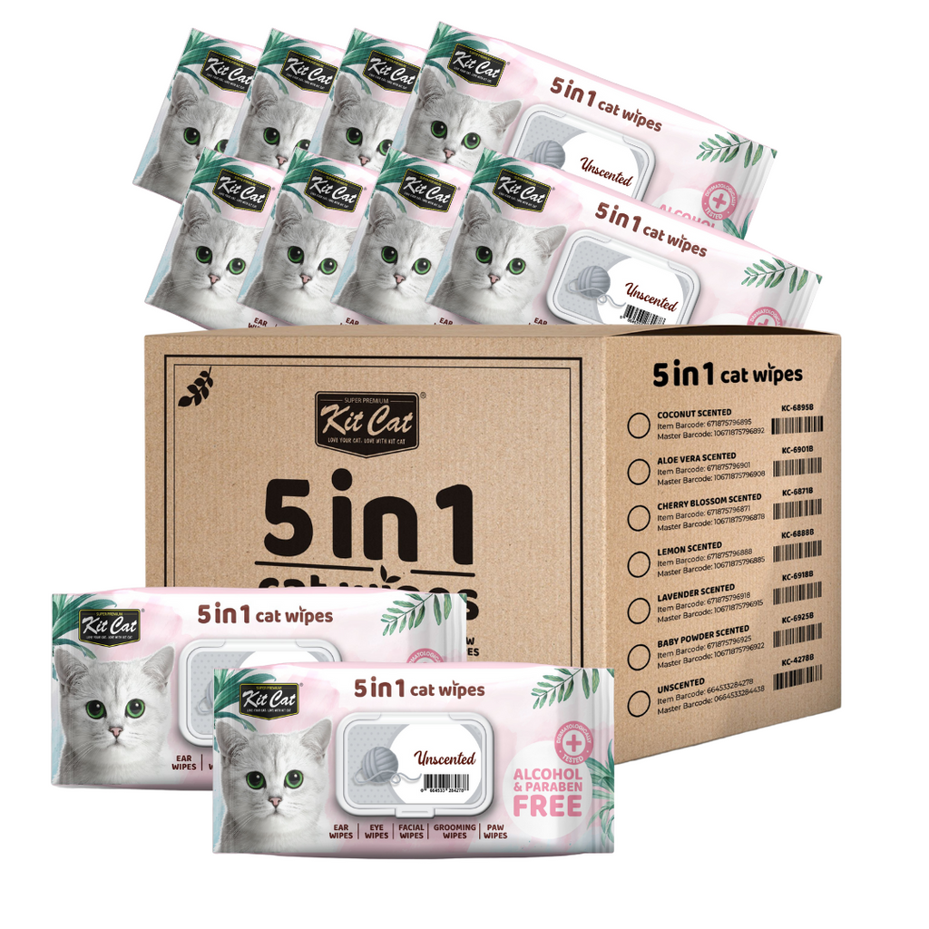 [CTN OF 12] Kit Cat 5 in 1 Cat Wipes - Unscented (12x80pcs) | Paraben & Alcohol Free.