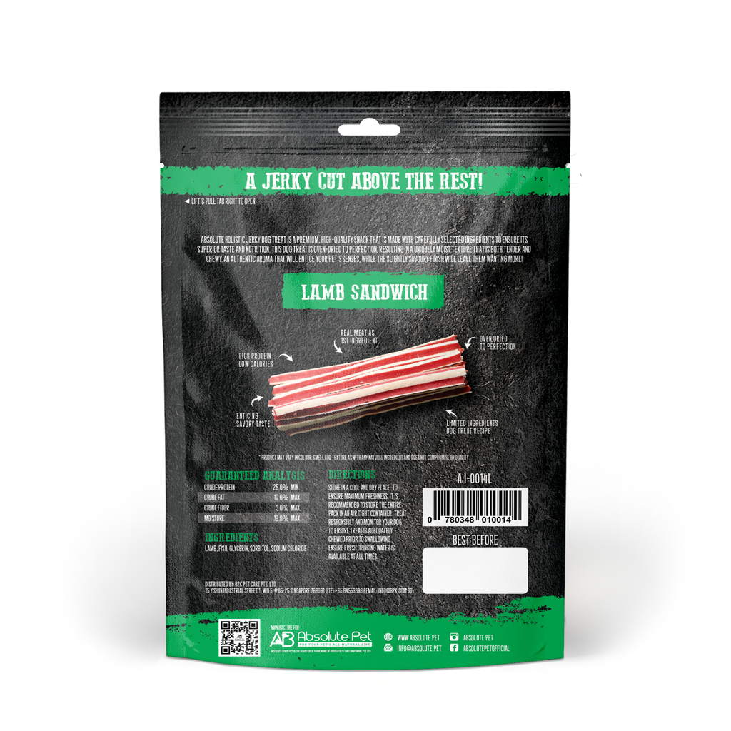 Absolute Holistic Grain Free Treats for Dog - Lamb Jerky Sandwich (100g).
