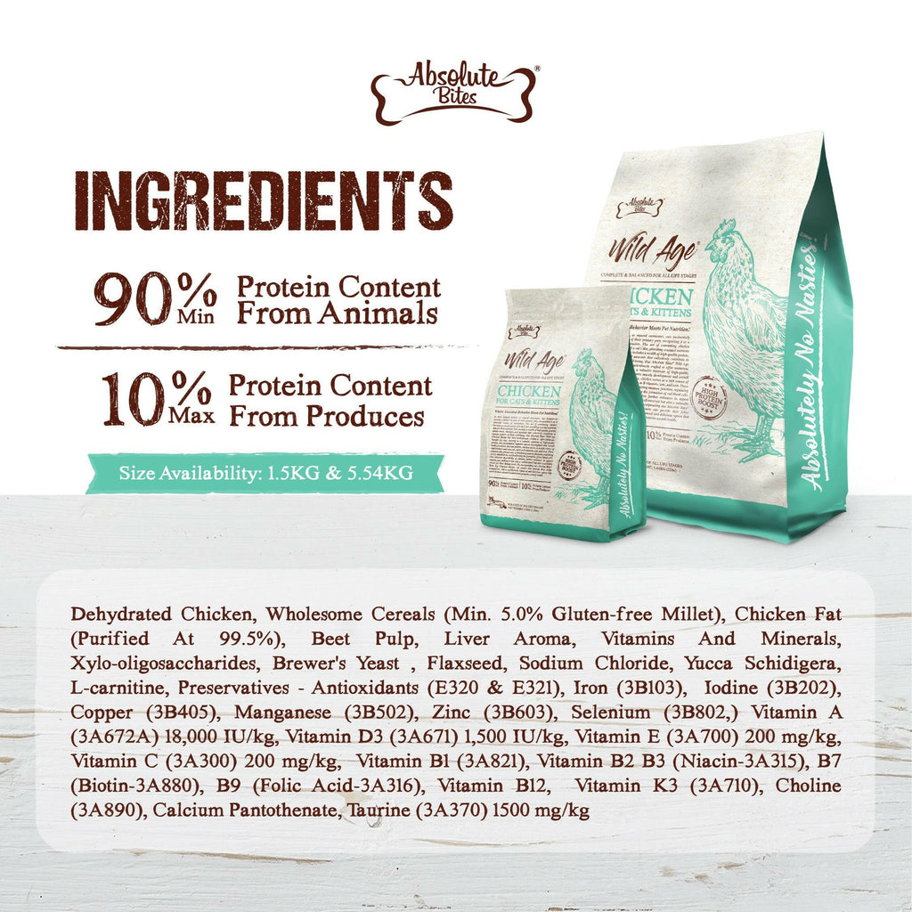 Absolute Bites Wild Age Dry Cat Food - Chicken (12lbs).