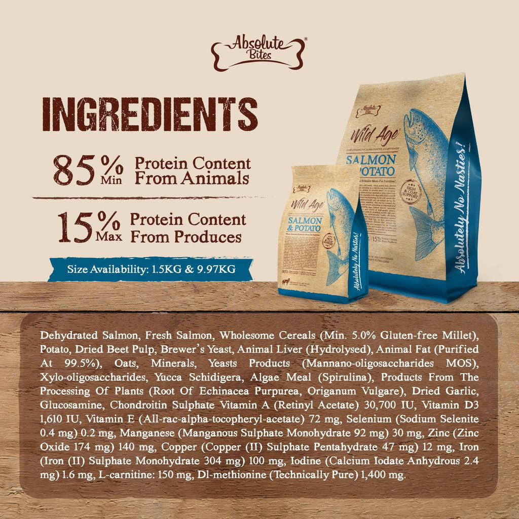 Absolute Bites Wild Age Dry Dog Food - Salmon & Potato (22lbs).