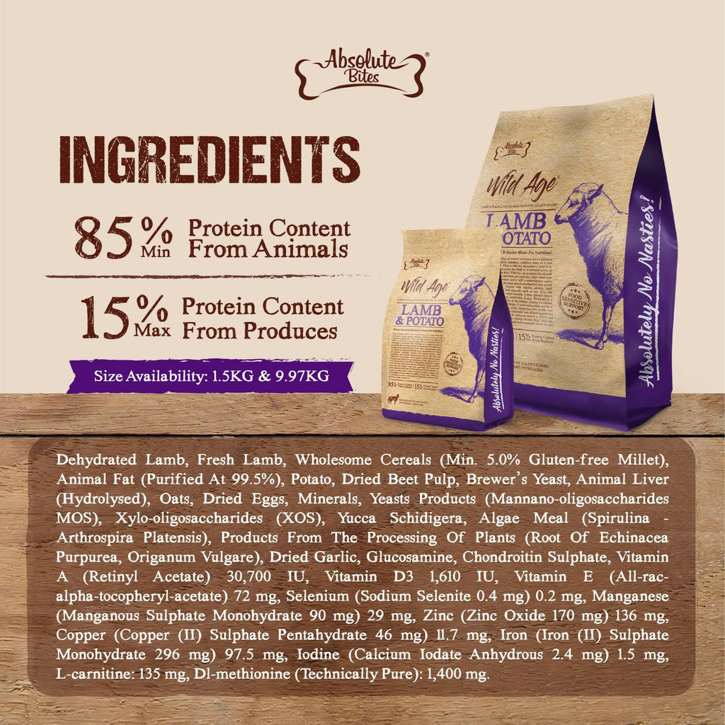 Absolute Bites Wild Age Dry Dog Food - Lamb & Potato (22lbs).
