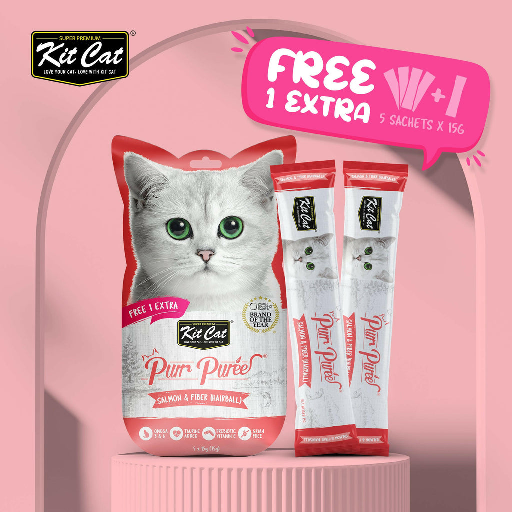 Kit Cat Purr Puree Liquid Treats for Cat - Salmon & Fiber (Hairball) (15g) | 5 Sticks.