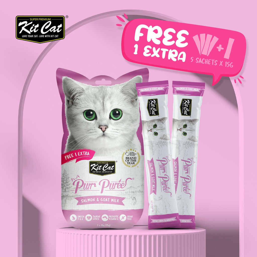 Kit Cat Purr Puree Liquid Treats for Cat - Salmon & Goat Milk (15g) | 5 Sticks.