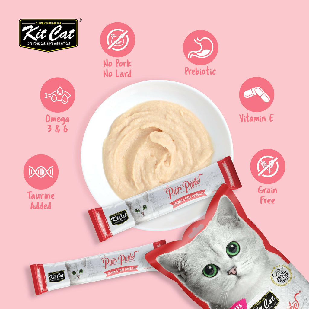 Kit Cat Purr Puree Liquid Treats for Cat - Salmon & Fiber (Hairball) (15g) | 5 Sticks.