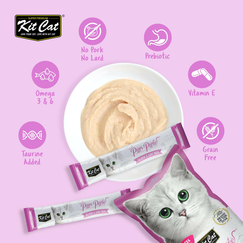 Kit Cat Purr Puree Liquid Treats for Cat - Salmon & Goat Milk (15g) | 5 Sticks.