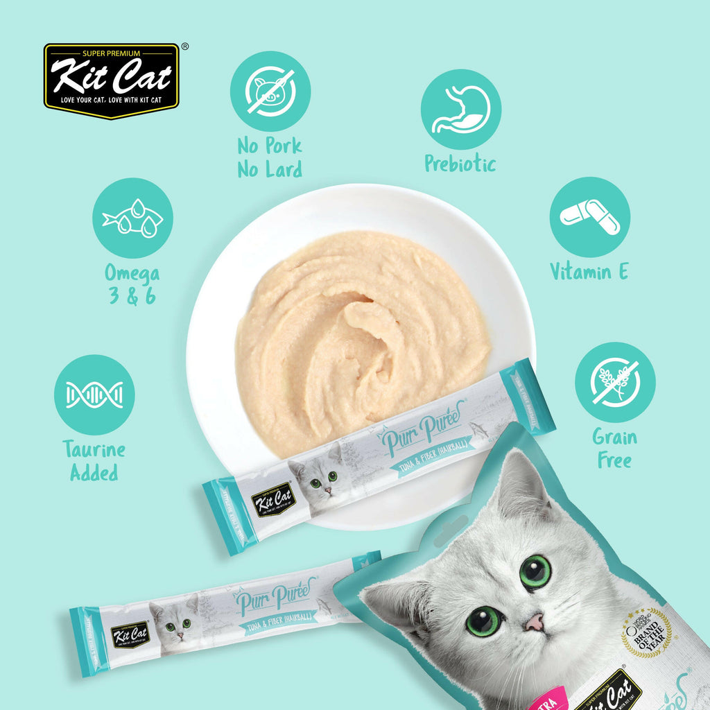 Kit Cat Purr Puree Liquid Treats for Cat - Tuna & Fiber (Hairball) (15g) | 5 Sticks.