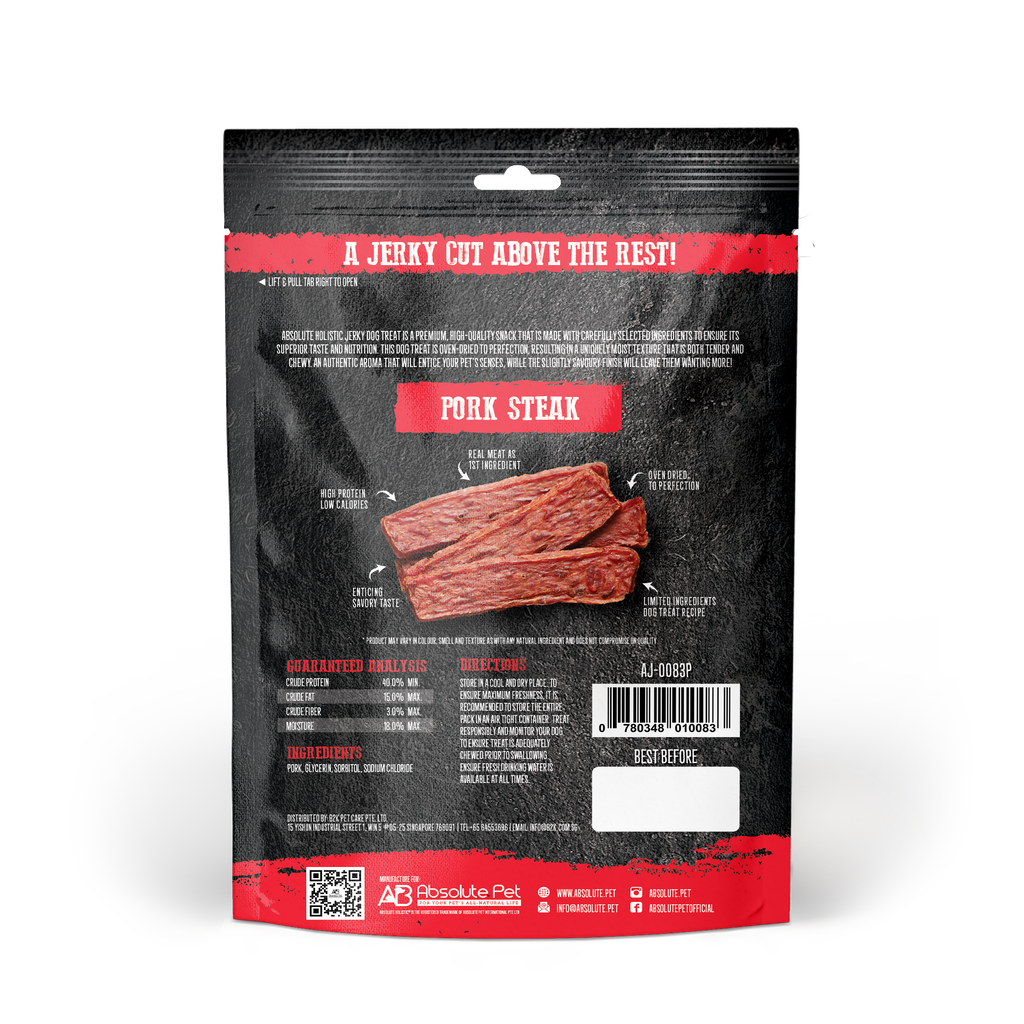 Absolute Holistic Grain Free Treats for Dog - Pork Jerky Steak (100g).
