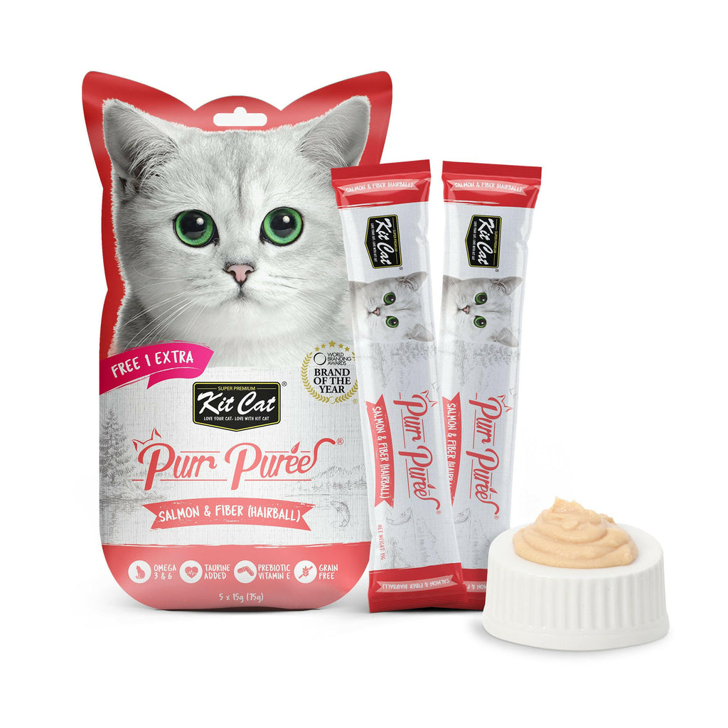 Kit Cat Purr Puree Liquid Treats for Cat - Salmon & Fiber (Hairball) (15g) | 5 Sticks.