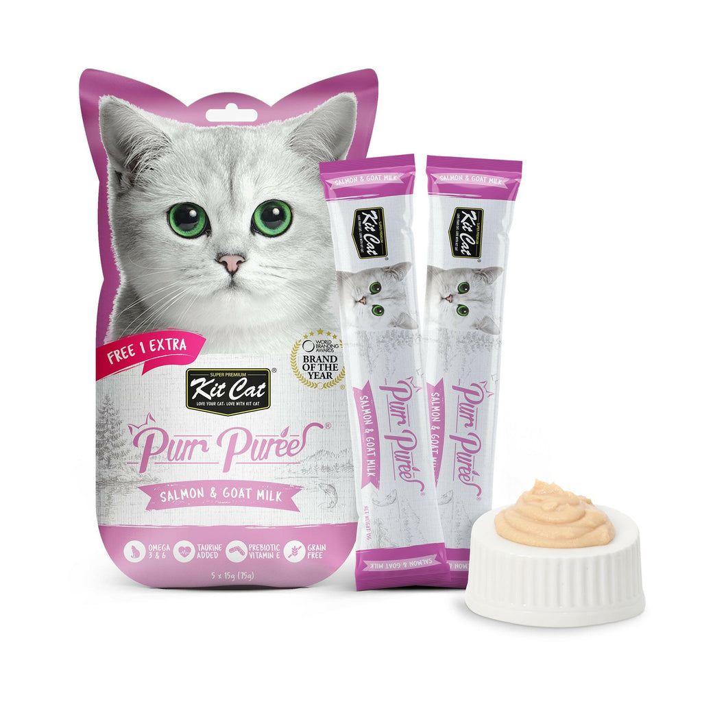 Kit Cat Purr Puree Liquid Treats for Cat - Salmon & Goat Milk (15g) | 5 Sticks.