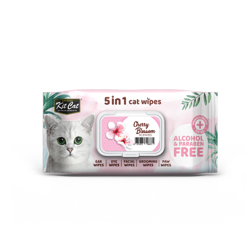 Kit Cat 5 in 1 Cat Wipes - Cherry Blossom (80pcs) | Paraben & Alcohol Free.