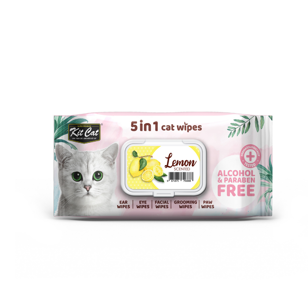Kit Cat 5 in 1 Cat Wipes - Lemon (80pcs) | Paraben & Alcohol Free.