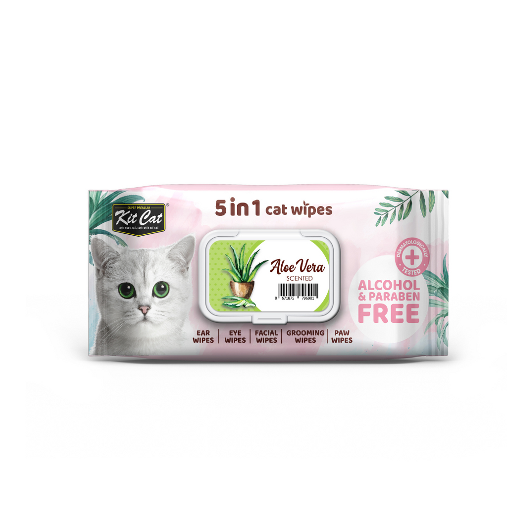 Kit Cat 5 in 1 Cat Wipes - Aloe Vera (80pcs) | Paraben & Alcohol Free.
